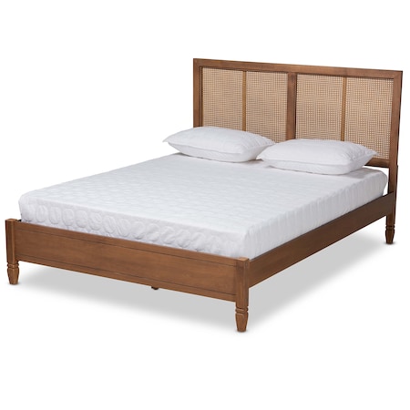 Baxton Studio Redmond Mid-Century Modern Walnut Brown Finished Wood and Synthetic Rattan Queen Size Platform Bed 183-11058-Zoro